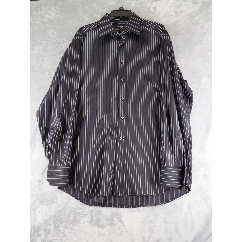 Canali‎ Men's Dress Shirt Charcoal White Stripe Made in Italy Size 42/16.5
